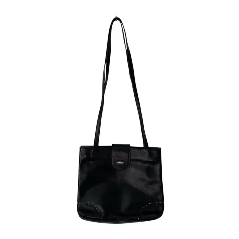 Cuoiera Fiorentina Smooth Black Leather Double Strap Purse Top Stitch Shoulder